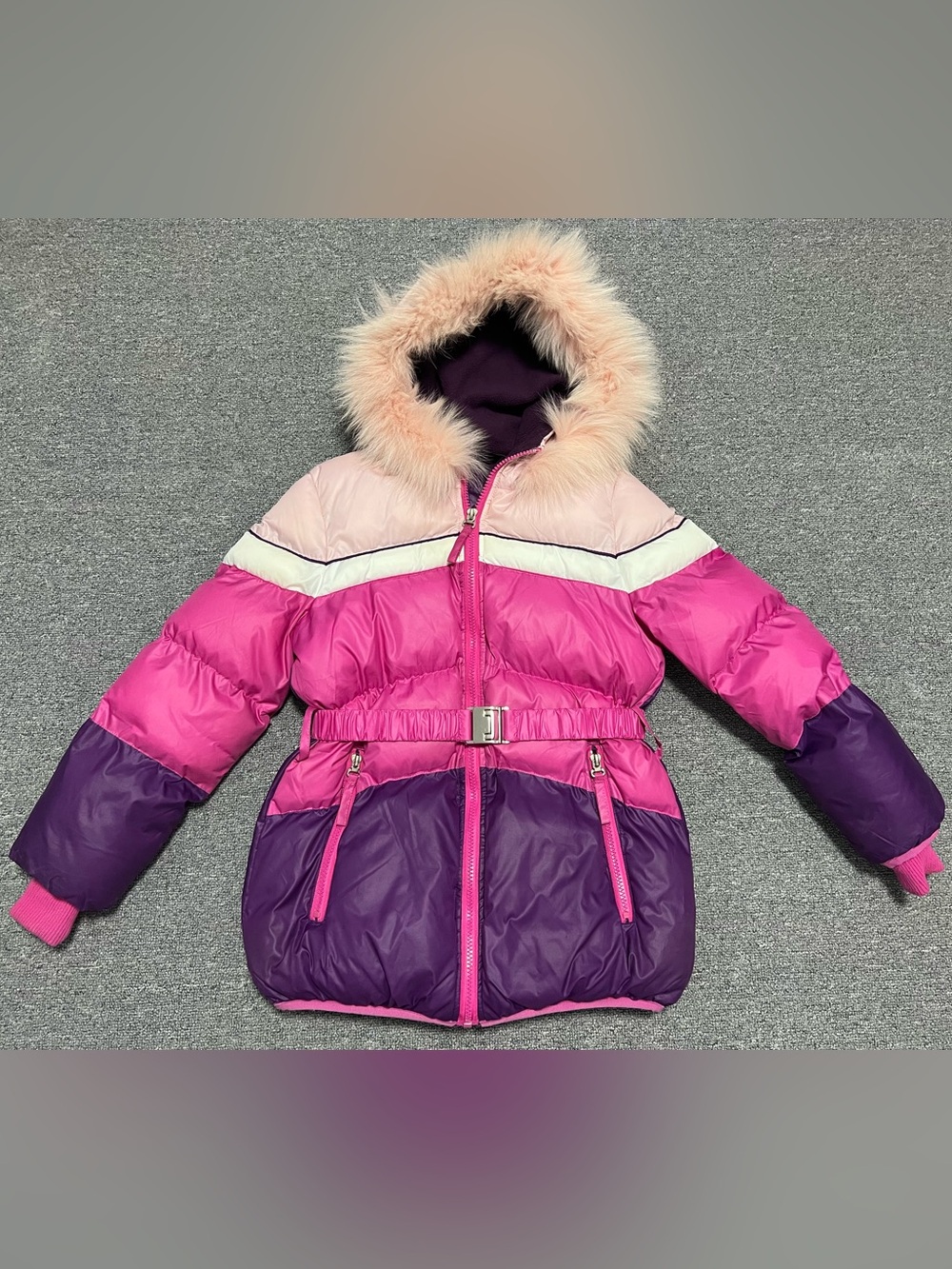 Girls' Pink & Purple Hooded Puffer Jacket with Faux Fur Trim 10-12T